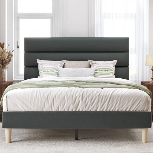 Fluest Full Bed Frame with Velvet Upholstered Headboard, Metal Support, No Box Spring Needed, Noise Free, Easy Assembly, Grey
