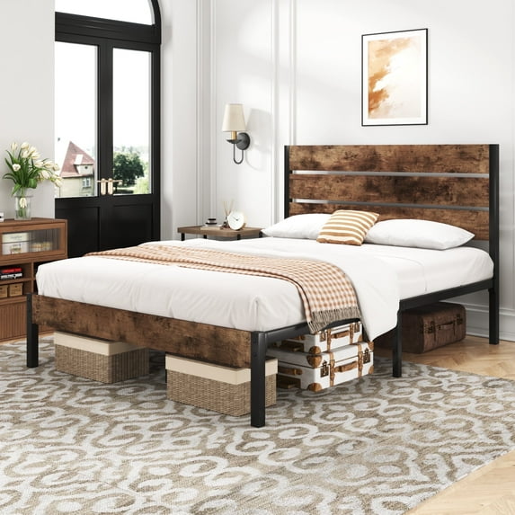 Fluest Full Size Bed Frame with Headboard and Footboard,Metal Support,No Box Spring Needed, Rustic Brown