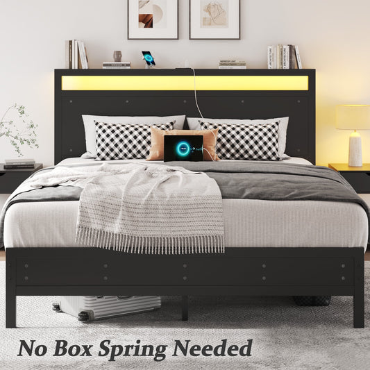 Fluest Queen Bed Frame with LED Headboard & Charging Station, Noise-Free, No Box Spring Needed, Classic Black