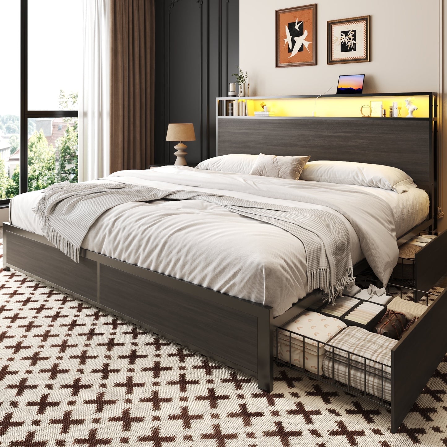 Fluest King Bed Frame with 2-Tier Storage Headboard, USB Port and LED Light, 4 Storage Drawers, Gray