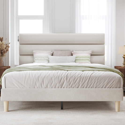 Fluest Queen Bed Frame with Velvet Upholstered Headboard, Metal Support, No Box Spring Needed, Noise Free, Easy Assembly, Beige