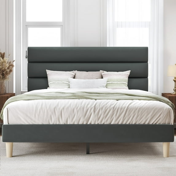 Fluest Queen Bed Frame with Velvet Upholstered Headboard, Metal Support, No Box Spring Needed, Noise Free, Easy Assembly, Grey