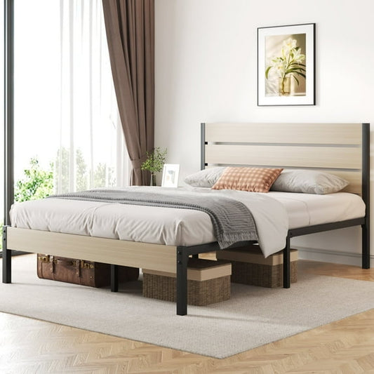 Fluest Queen Size Bed Frame with Headboard and Footboard,Metal Support,No Box Spring Needed, Begie