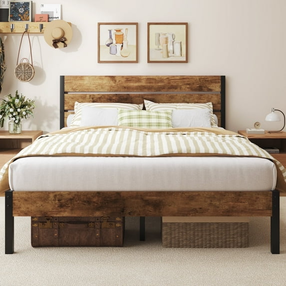 Fluest Queen Size Bed Frame with Headboard and Footboard,Metal Support,No Box Spring Needed, Rustic Brown
