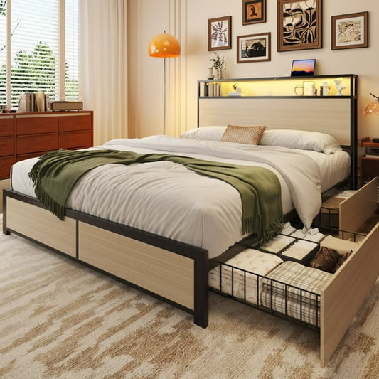 Metal Platform Bed Frame with 2-Tier Headboard,Queen,USB Port & LED Light, 4 Storage Drawers, No Box Spring Needed, Noise Free, Begie