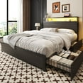 Metal Platform Bed Frame with 2-Tier Headboard,Queen,USB Port & LED Light, 4 Storage Drawers, No Box Spring Needed, Noise Free, Grey
