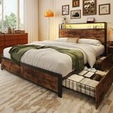 Metal Platform Bed Frame with 2-Tier Headboard,Queen,USB Port & LED Light, 4 Storage Drawers, No Box Spring Needed, Noise Free, Vintage Brown