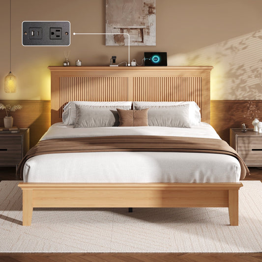 Solid Wood High Headboard and Charging Station Bed Frame, Queen