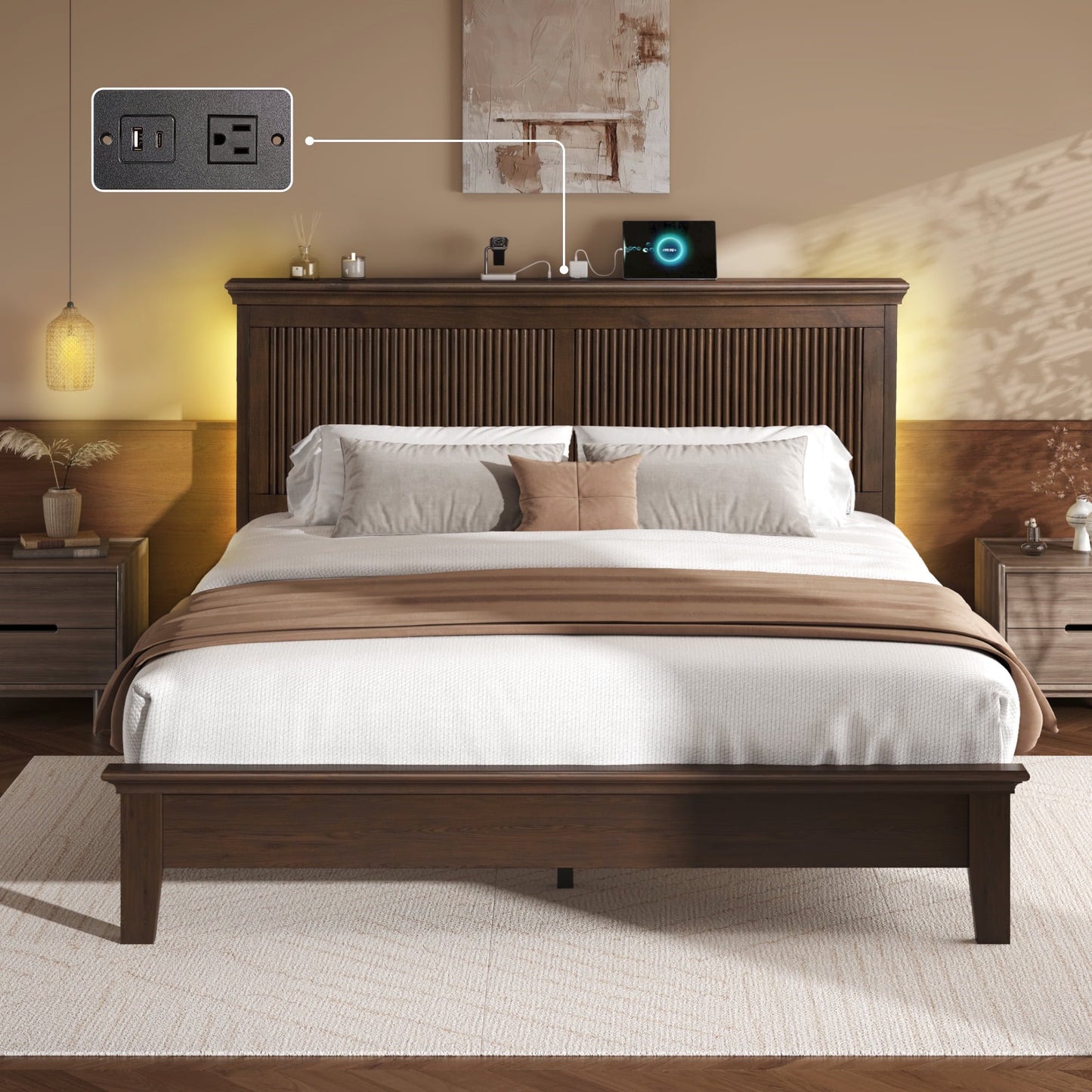 Solid Wood High Headboard and Charging Station Solid Wood Bed Frame, Queen