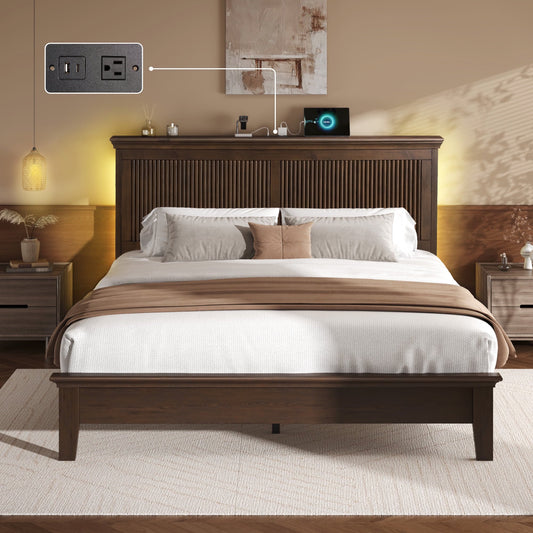 Solid Wood High Headboard and Charging Station Solid Wood Bed Frame, Queen