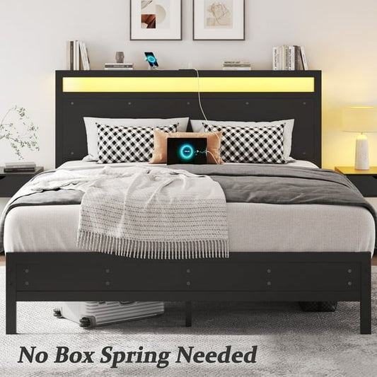 Queen Storage Bed Frame with LED Headboard & Built-In Charging, Noise-Free, No Box Spring Needed, Classic Black
