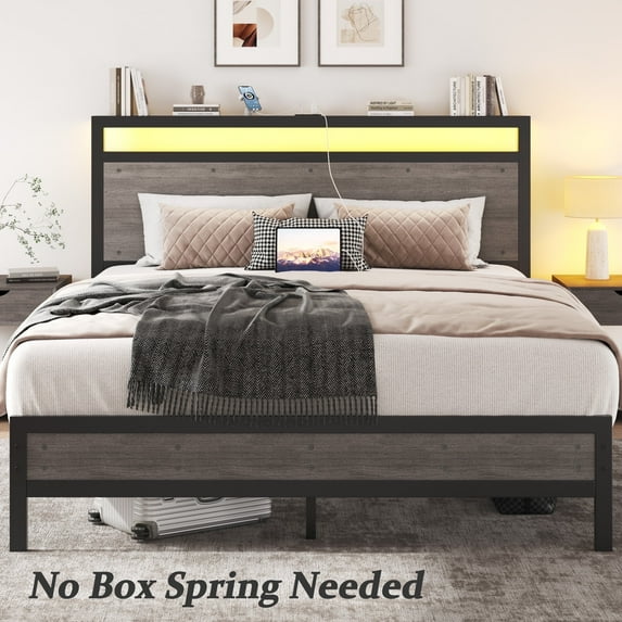 Queen Storage Bed Frame with LED Headboard & Built-In Charging, Noise-Free, No Box Spring Needed, Rustic Grey