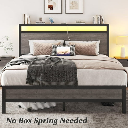 Queen Storage Bed Frame with LED Headboard & Built-In Charging, Noise-Free, No Box Spring Needed, Rustic Grey