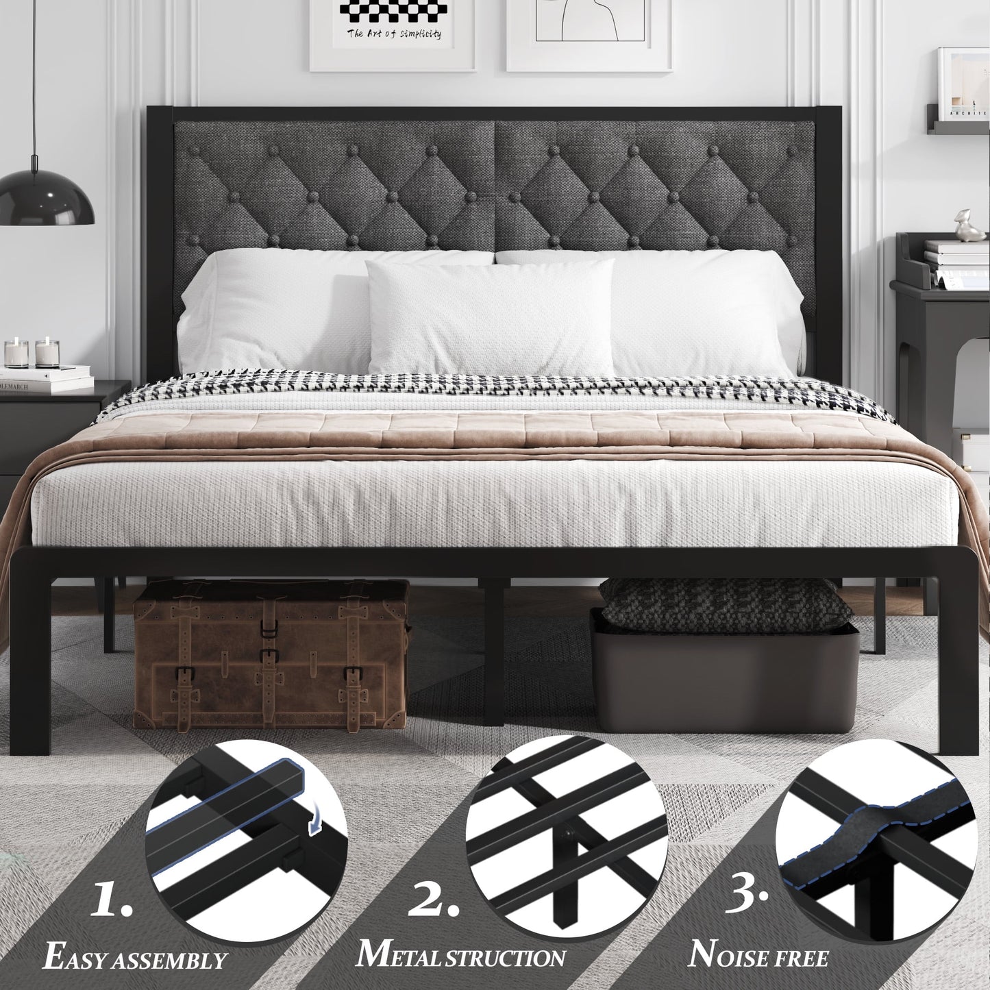 Fluest Bed Frame with Linen Upholstered Headboard, Metal Support, Queen Size, Black