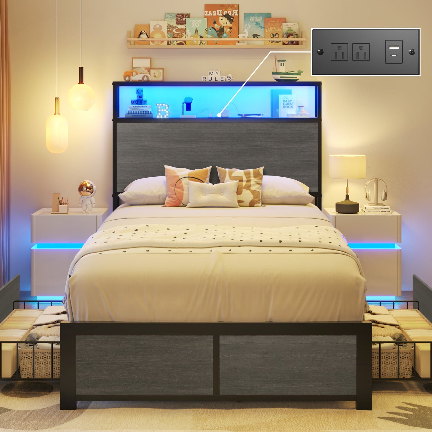 Fluest Twin Bed Frame with 2-Tier Storage Headboard, USB Port and LED Light, 4 Storage Drawers, Gray