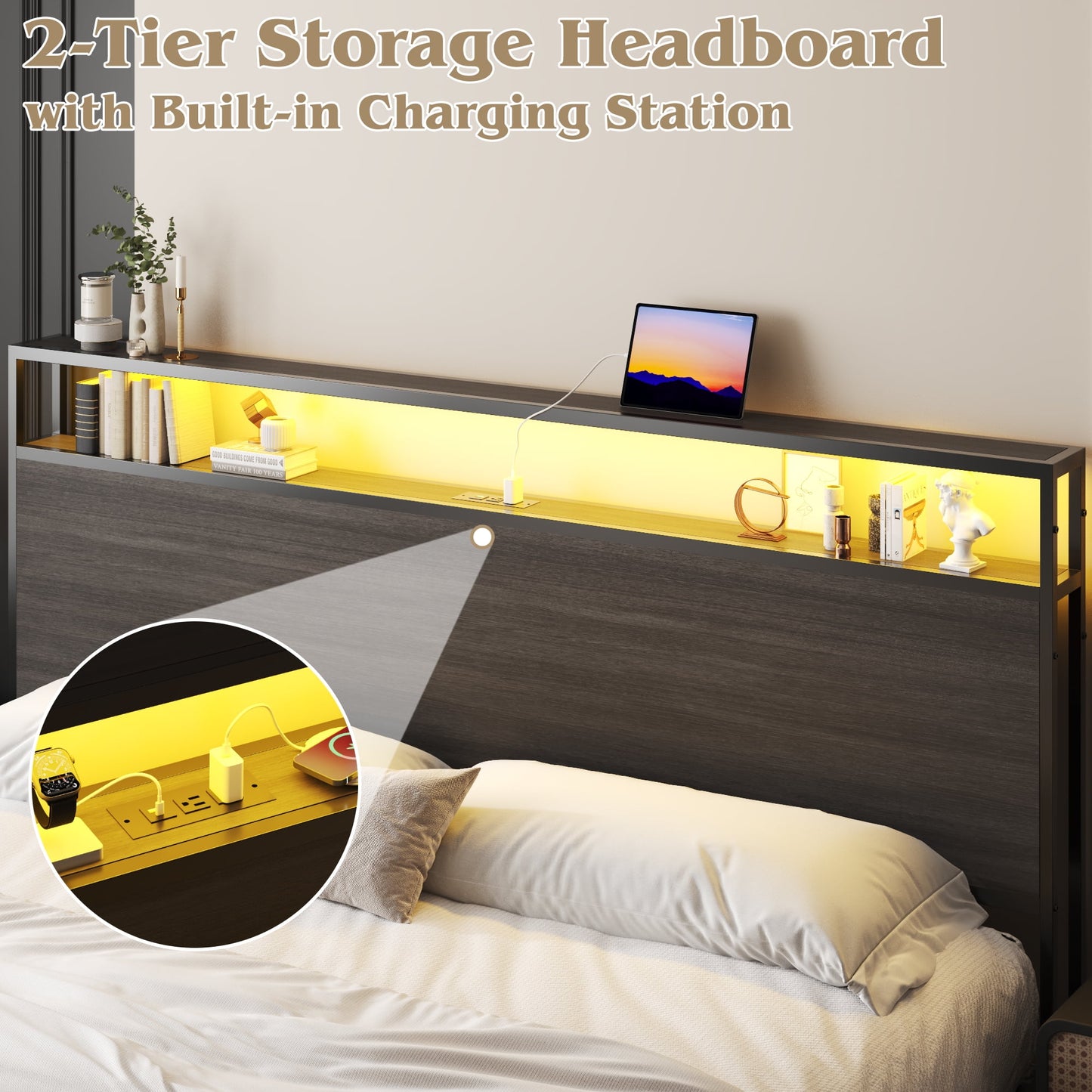 Fluest King Bed Frame with 2-Tier Storage Headboard, USB Port and LED Light, 4 Storage Drawers, Gray