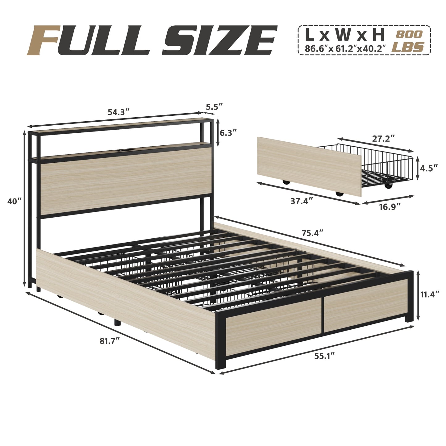 Fluest Full Bed Frame with 2-Tier Storage Headboard, USB Port and LED Light, 4 Storage Drawers, Begie