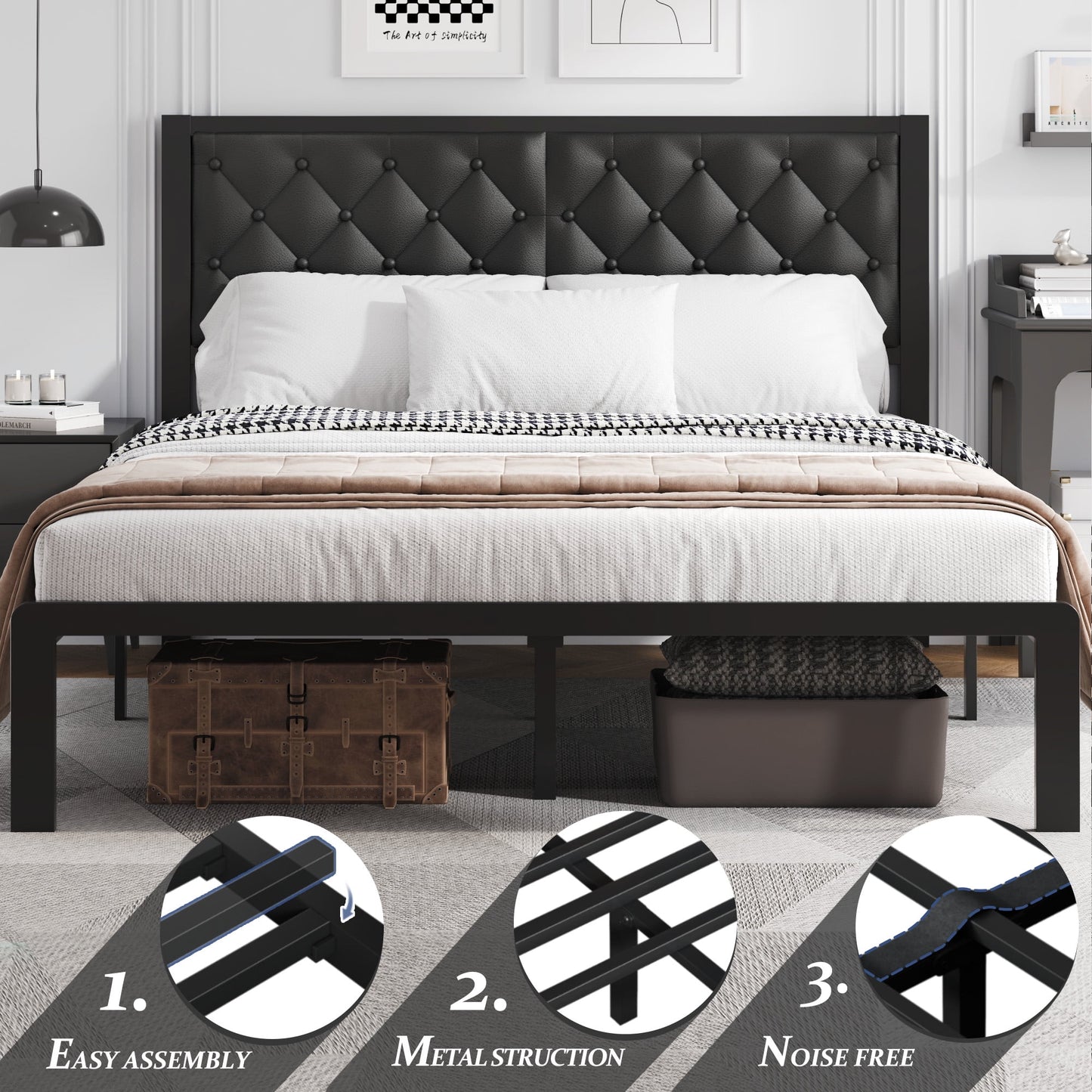 Fluest Bed Frame with Headboard PU Leather Upholstered, All Metal Slats Support Platform, Queen, Black