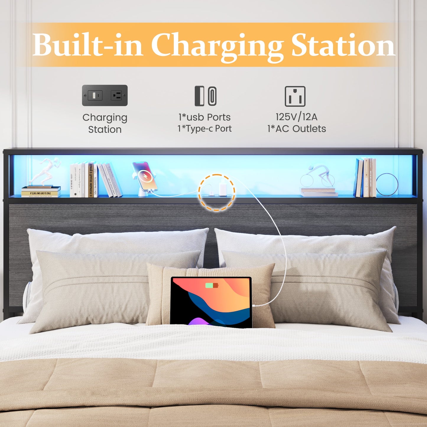 Fluest Queen Bed Frame with 2-Tier Storage Headboard, Metal Bed Frame with Storage Drawers & Built-in Charging Station & LED, Noise-Free, No Box Spring Needed, Easy Assembly, Rustic Grey