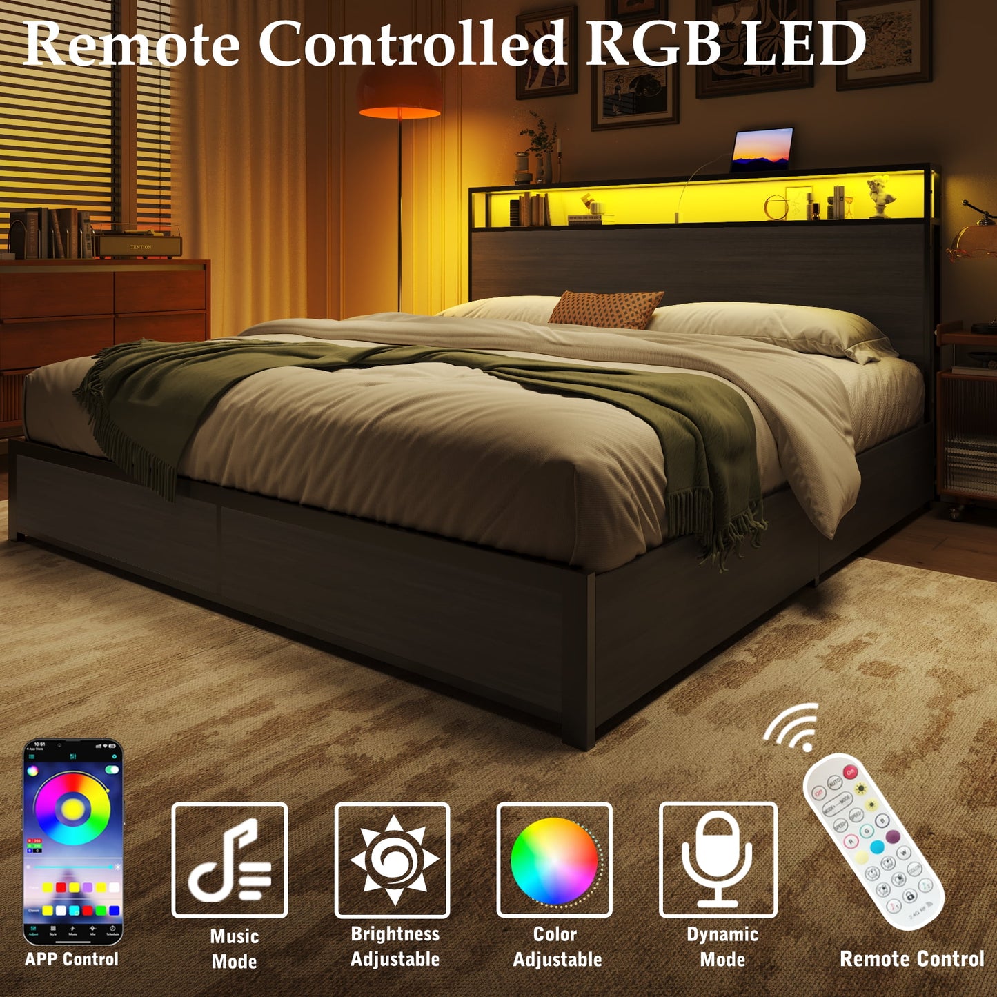 Fluest King Bed Frame with 2-Tier Storage Headboard, USB Port and LED Light, 4 Storage Drawers, Gray