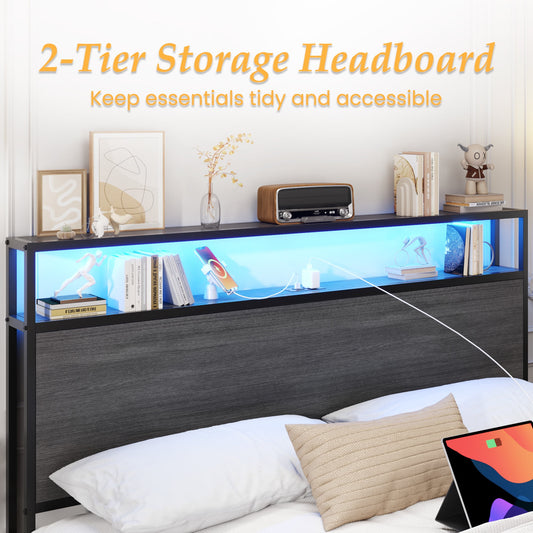Fluest Queen Bed Frame with 2-Tier Storage Headboard, Metal Bed Frame with Storage Drawers & Built-in Charging Station & LED, Noise-Free, No Box Spring Needed, Easy Assembly, Rustic Grey