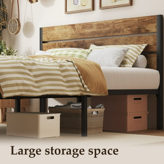 Fluest Queen Size Bed Frame with Headboard and Footboard,Metal Support,No Box Spring Needed, Rustic Brown