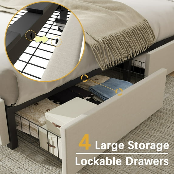 Bed Frame with Linen Upholstered Headboard, Platform Bed Frame, Queen, 4 Storage Drawers, Begie