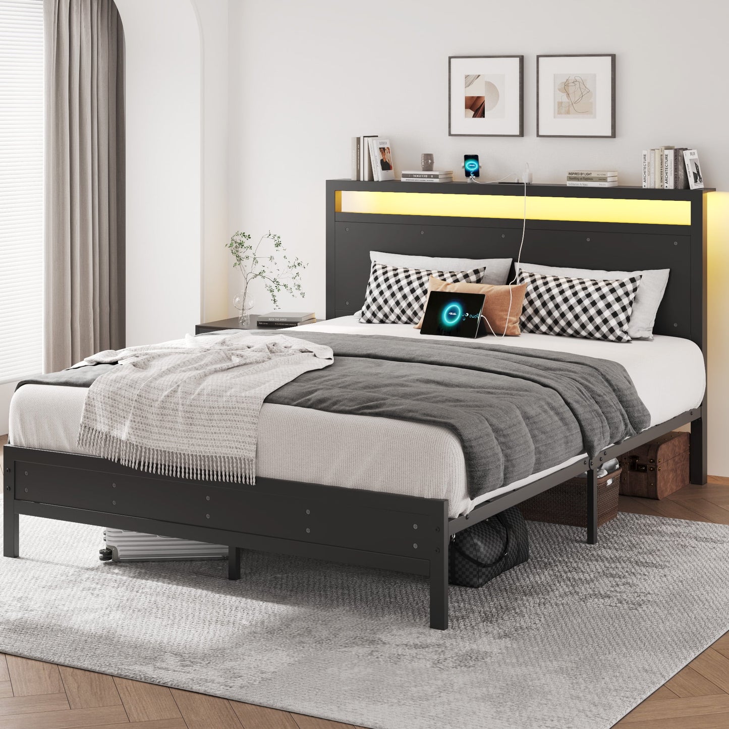 Fluest Queen Bed Frame with LED Headboard & Charging Station, Noise-Free, No Box Spring Needed, Classic Black