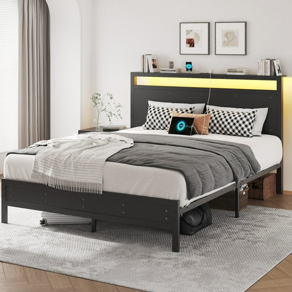 Queen Storage Bed Frame with LED Headboard & Built-In Charging, Noise-Free, No Box Spring Needed, Classic Black