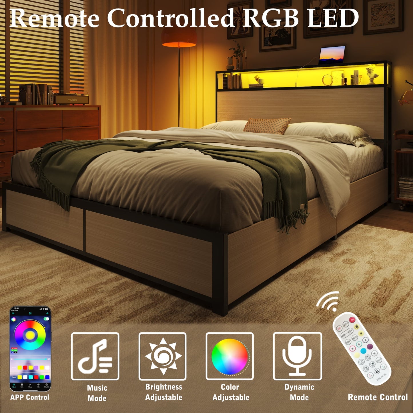 Fluest Full Bed Frame with 2-Tier Storage Headboard, USB Port and LED Light, 4 Storage Drawers, Begie