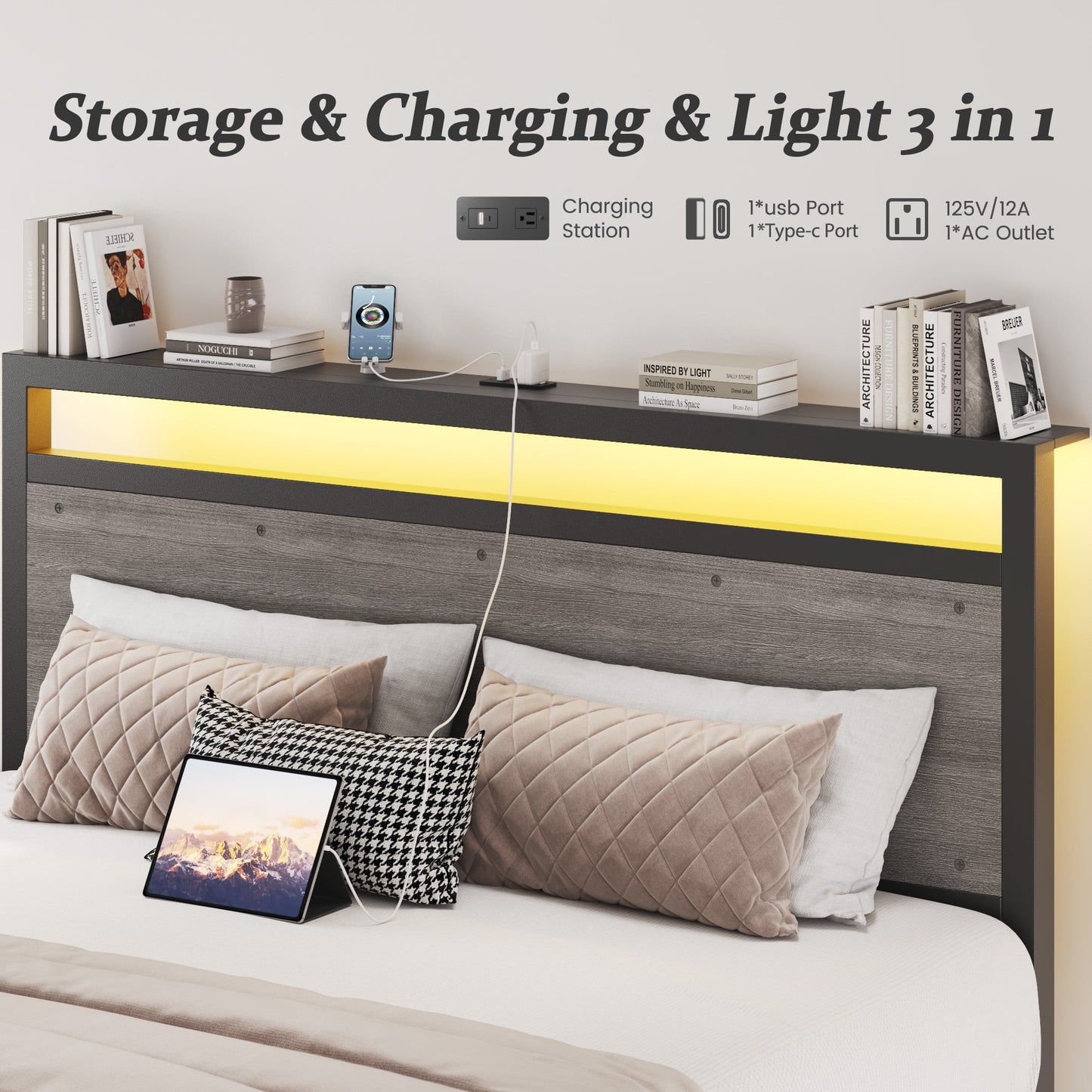 Fluest Queen Bed Frame with LED Headboard & Charging Station, Noise-Free, No Box Spring Needed, Rustic Grey