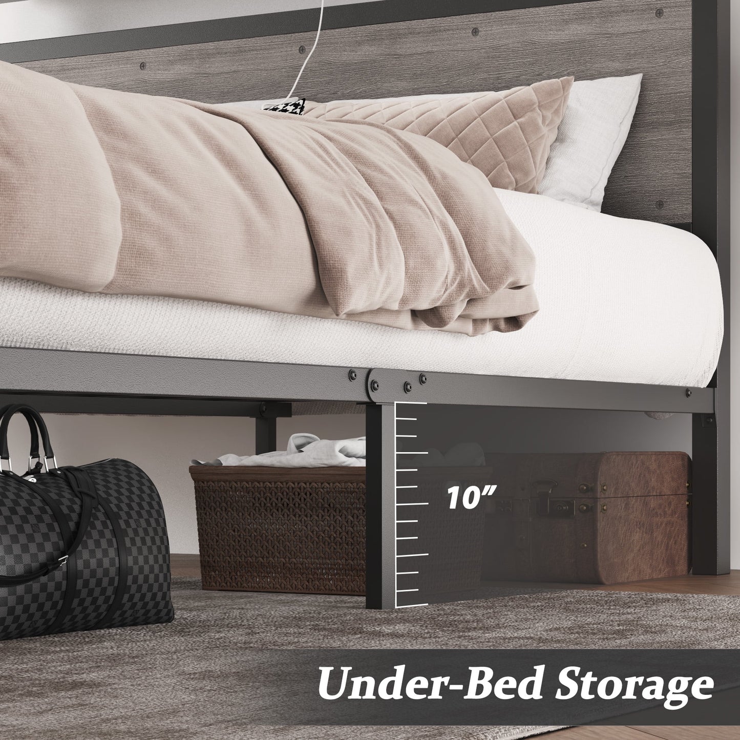 Fluest Queen Bed Frame with LED Headboard & Charging Station, Noise-Free, No Box Spring Needed, Rustic Grey