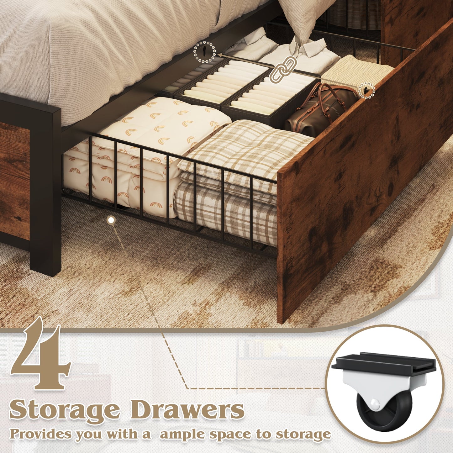 Fluest Full Bed Frame with 2-Tier Storage Headboard, USB Port and LED Light, 4 Storage Drawers, Brown