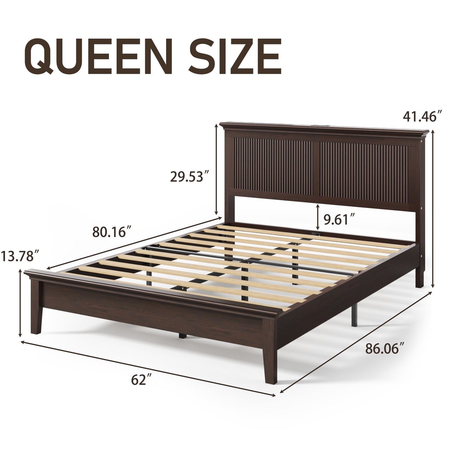 Solid Wood High Headboard and Charging Station Solid Wood Bed Frame, Queen
