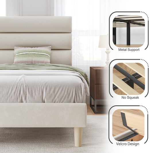 Fluest Twin Bed Frame with Velvet Upholstered Headboard, Metal Support, No Box Spring Needed, Noise Free, Easy Assembly, Beige