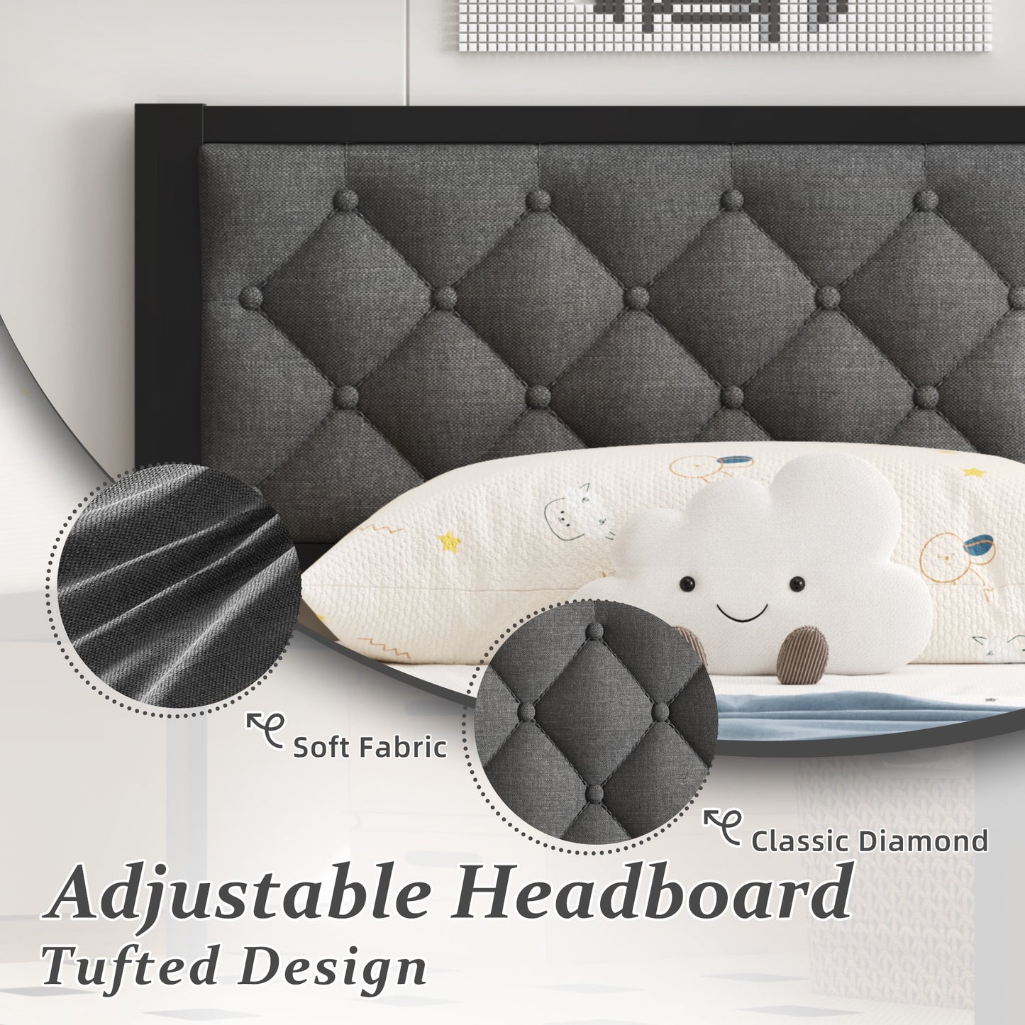 Fluest Bed Frame with Headboard Linen Upholstered, All Metal Slats Support Platform, Twin, Grey