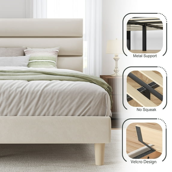 Fluest Full Bed Frame with Velvet Upholstered Headboard, Metal Support, No Box Spring Needed, Noise Free, Easy Assembly, Beige