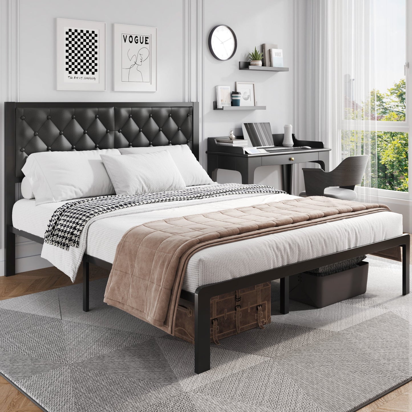 Fluest Bed Frame with Headboard PU Leather Upholstered, All Metal Slats Support Platform, Queen, Black