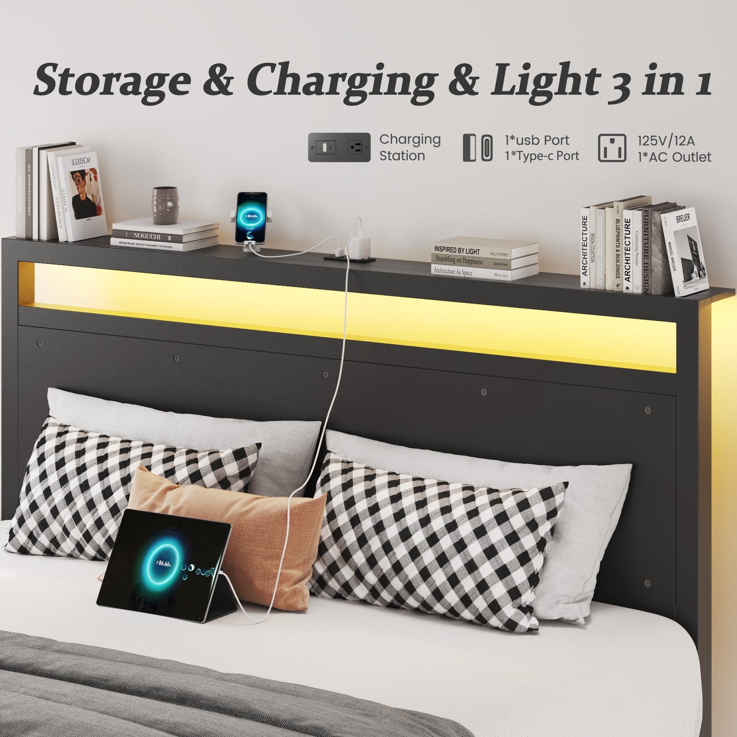 Fluest  Queen Bed Frame with LED Headboard & Charging Station, Noise-Free, No Box Spring Needed, Classic Black