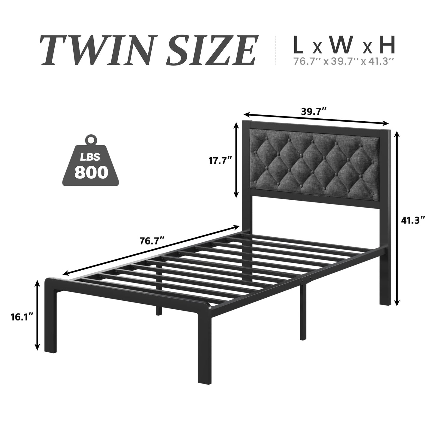 Fluest Bed Frame with Headboard Linen Upholstered, All Metal Slats Support Platform, Twin, Grey