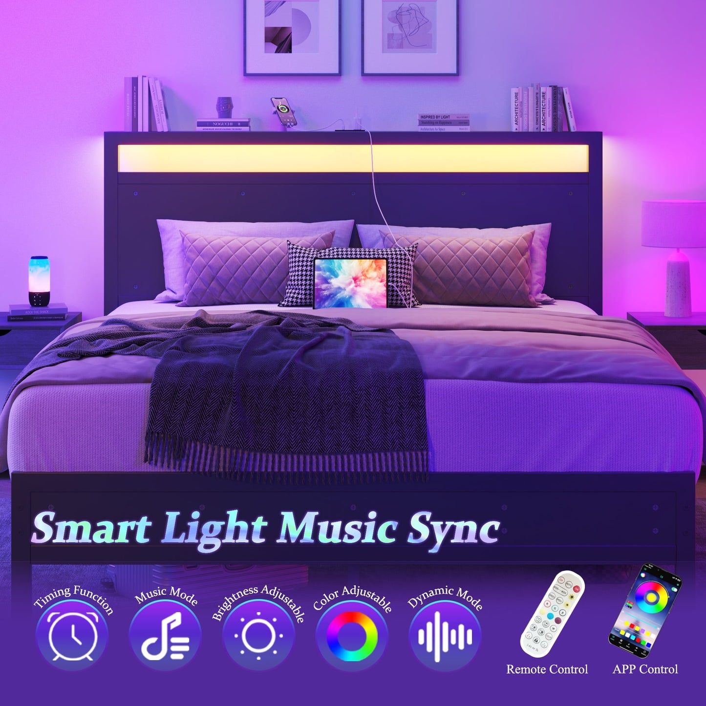 Fluest  Queen Bed Frame with LED Headboard & Charging Station, Noise-Free, No Box Spring Needed, Classic Black