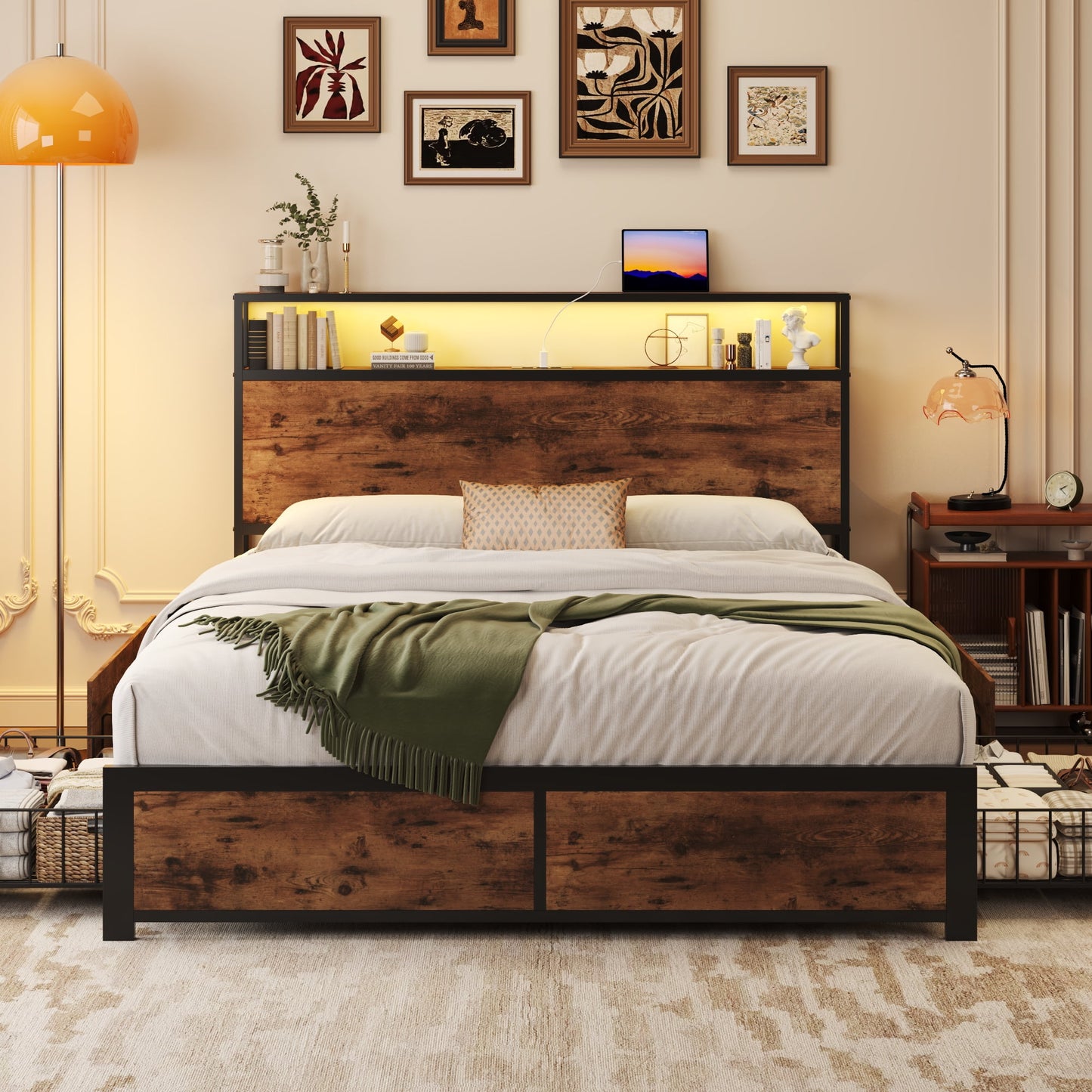 Fluest Full Bed Frame with 2-Tier Storage Headboard, USB Port and LED Light, 4 Storage Drawers, Brown