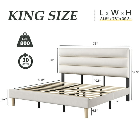 Fluest King Bed Frame with Velvet Upholstered Headboard, Metal Support, No Box Spring Needed, Noise Free, Easy Assembly, Beige