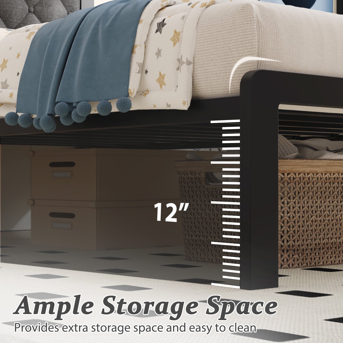 Fluest Bed Frame with Headboard Linen Upholstered, All Metal Slats Support Platform, Twin, Grey