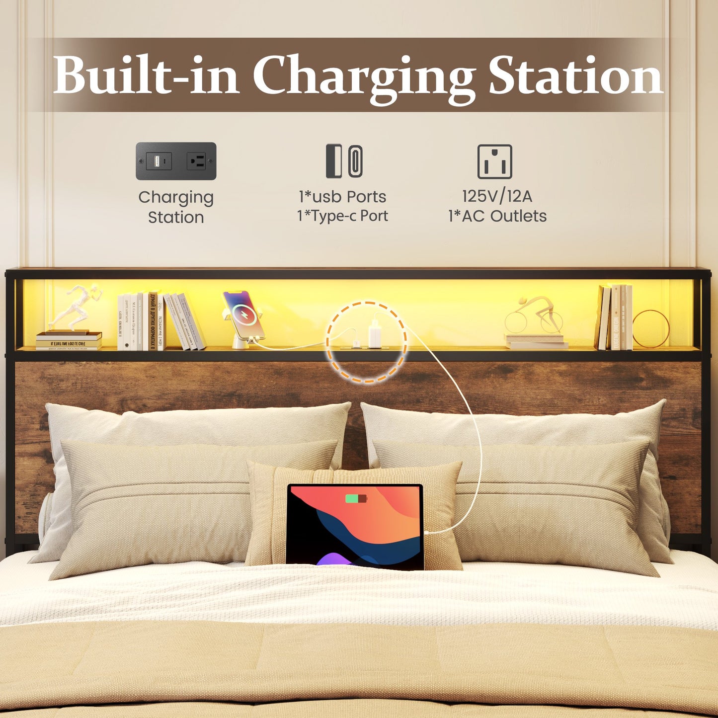 Queen Bed Frame with Headboard and Storage,2-Tier Storage Headboard & Foot-Board Drawers, Rustic Brown