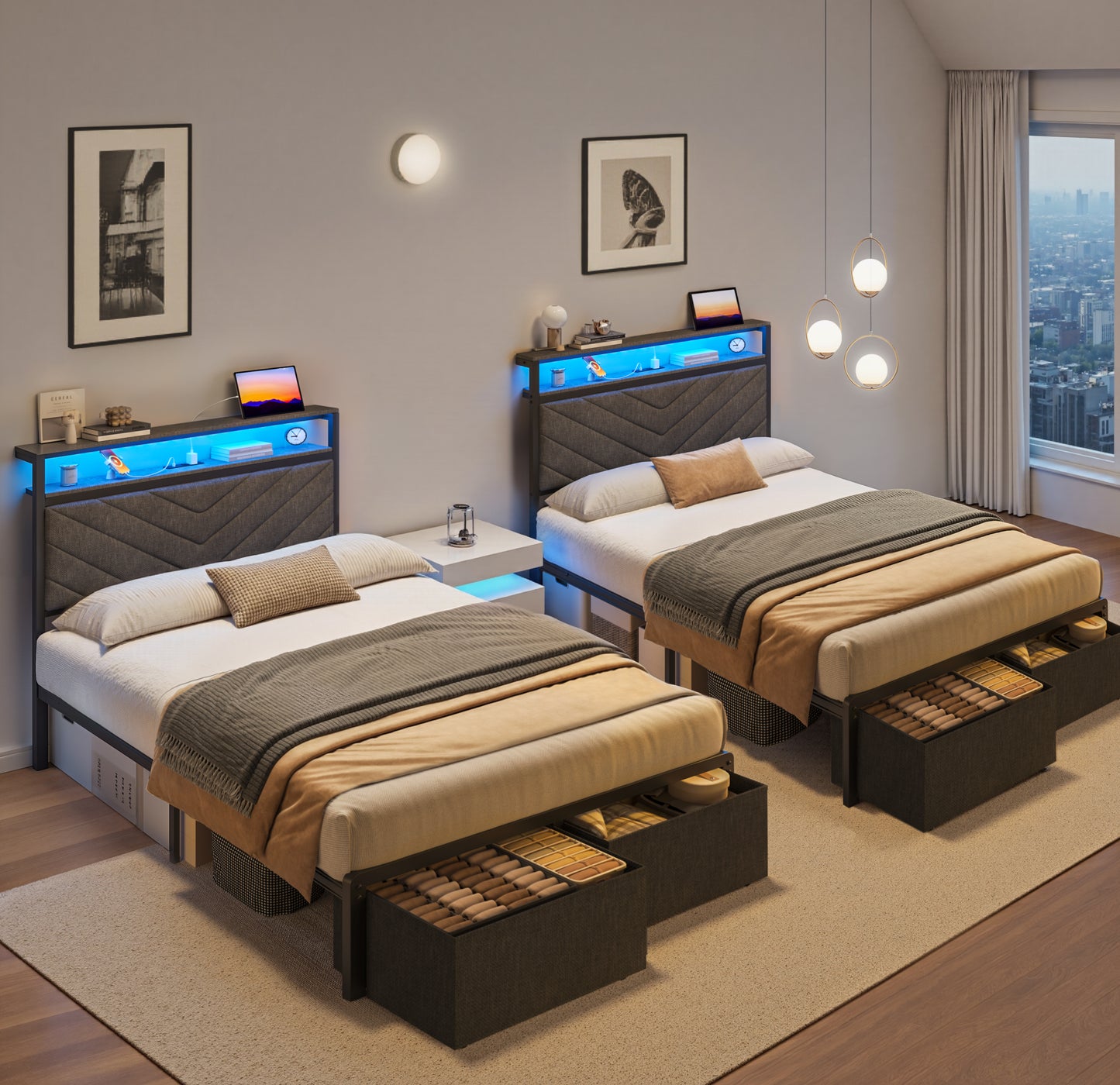 Fluest Queen Bed Frame wit Storage Drawers, Upholstered Headboard with Charging Station, LED Lights, Fabric Drawers with Wheels, Under Bed Storage, No Box Spring Needed, Easy Assembly, Grey